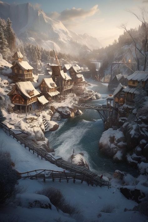 Dwarvish Aesthetic, Snowy Fantasy Village, Snowy Village Fantasy Art, Snowy Medieval Village, Fantasy Snow Village, Fantasy City Modern, Mountain Village Fantasy Art, Fantasy Mountain City, Fantasy Mountain Village