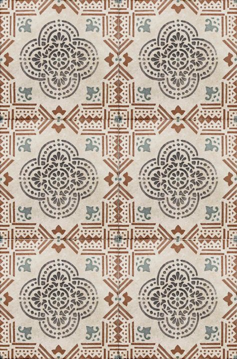 The Lancaster patterned tile on limestone is a classic Spanish style design that looks amazing as a kitchen backsplash or on the floor of your tile.  The bold design and rich colors in this pattern is mesmerizing. Spain Pattern Design, Spanish Fabric Pattern, Spanish Backsplash Tile, Spanish Pattern Design, Spanish Style Wallpaper, Pattern Tile Texture, Laundry Room Floor Plans, Spanish Textiles, Laundry Room Floor Tile