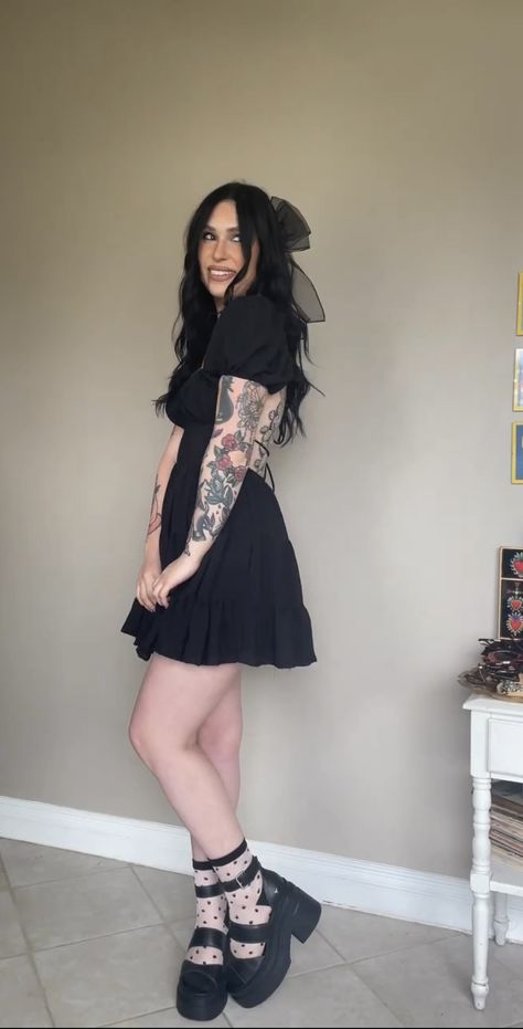 Semi Casual Event Outfit, Long Dress With Platform Boots, Easter Goth Outfit, Goth Spring Aesthetic, Spring Gothic Outfits, Goth Mini Dress Outfit, Cute Goth Date Outfits, Alternative Date Outfit, Maternity Outfits Alternative