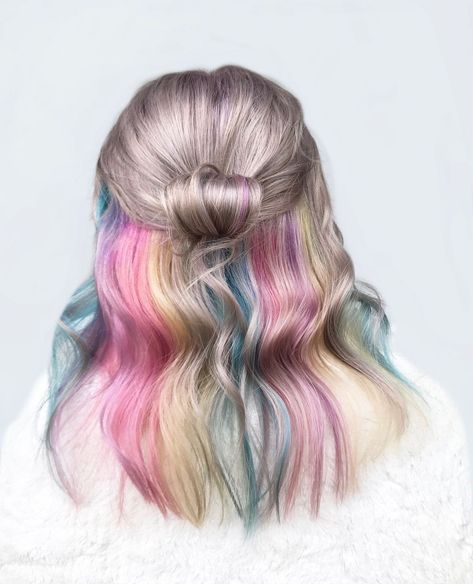 Pastel Rainbow Hair Hidden, Hidden Rainbow Hair Blonde, Pastel Peekaboo Hair, Hidden Color Hair, Rainbow Underneath Hair, Pastel Rainbow Hair, Hidden Hair Color, Peekaboo Hair Colors, Unicorn Hair Color