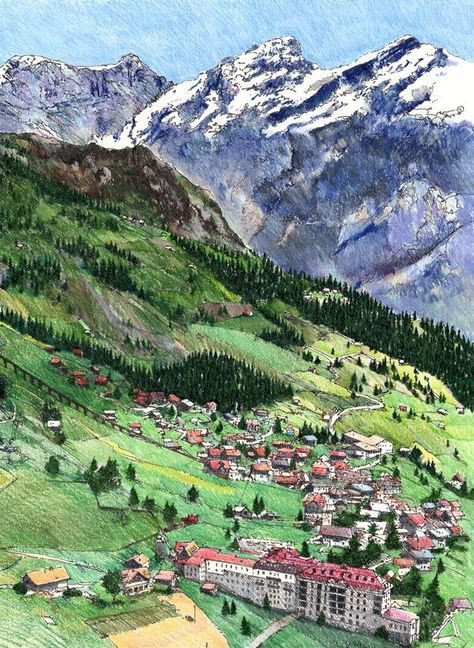 Mountain Drawing Colored Pencil, Colour Pencil Art Landscapes, Successful Drawing, Drawing With Colored Pencils, Switzerland Art, Colored Markers, Landscape Pencil Drawings, Forest Drawing, Colored Pencil Portrait