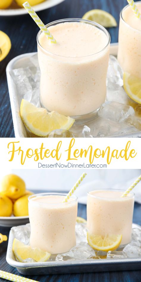 Frosted Lemonade Recipe | Dessert Now, Dinner Later! Summer Frozen Treats, Fresh Cantaloupe Recipes, Virgin Frozen Drinks, Recipes With Lemonade, Frosted Lemonade Recipe, Fruit Milkshake, Easy Lemonade Recipe, Recipe Copycat, Frosted Lemonade