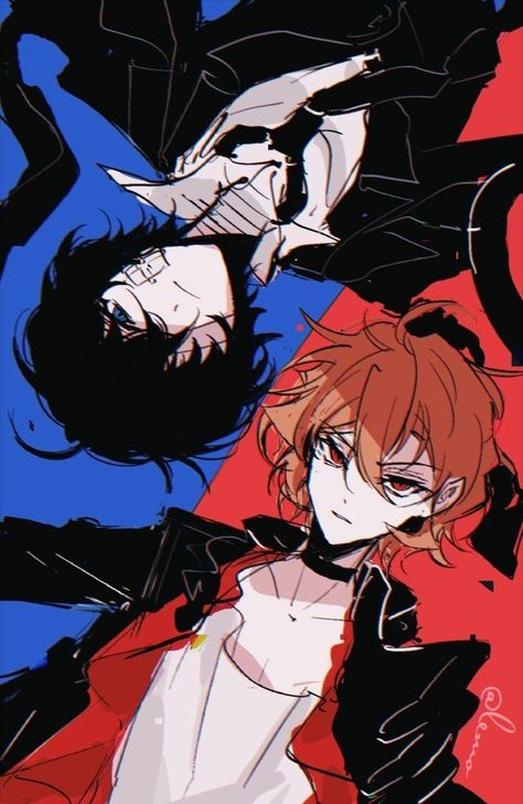 Chūya Nakahara, Osamu Dazai, On Twitter, Twitter, Red, Anime, Hair, Blue, Black