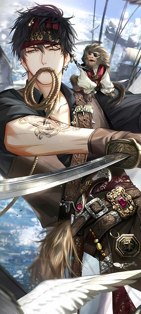 Medieval Anime Guy, Pirate Anime Boy, Pirate Anime Art, Anime Pirate Guy, Anime Pirate Oc, Male Pirate Oc, Pirates Character Design, Pirate Art Male, Fantasy Pirate Art