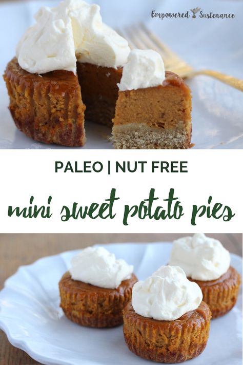 Paleo sweet potato pie filling is poured over an easy-squeazy crust and baked in a muffin pan to create mini pies. Half the prep time and baking time of a regular pie! Paleo recipes are gluten-free, grain-free, refined sugar free, and dairy free to reduce inflammation and improve wellbeing. #paleodessert #paleo #sweetpotato #healthy #glutenfree #paleodiet #paleorecipe #dairyfree #eggfree #sugarfree #nutfree Paleo Sweet Potato Recipes, Aip Thanksgiving, Lyme Diet, Sweet Potato Pie Filling, Sweet Potato Pies, Paleo Thanksgiving, Scd Recipes, Paleo Recipes Dessert, Paleo Baking