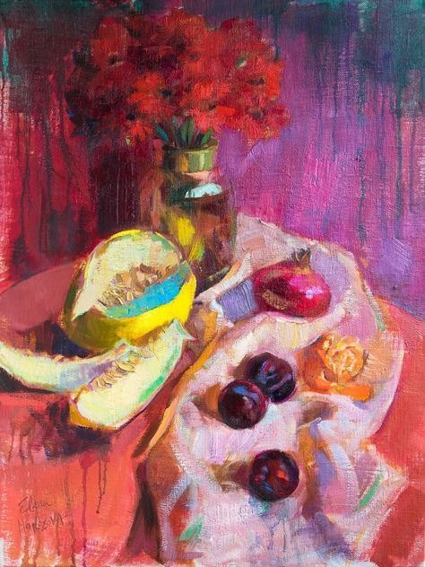 Still life painting with a melon, red flowers, plums, pomegranate in hot pink, red, and purple colours Elena Morozova, Frida Kahlo Still Life, Spanish Still Life Paintings, Grapefruit Oil Painting, Fruit Bowl Oil Painting, Flower Vase Oil Painting, Life Artwork, Grapes Oil Painting Still Life, Sweet Pea Flowers