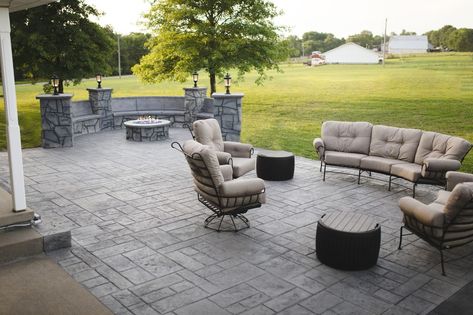 7 Stamped Concrete Patio Ideas (Beautiful & Durable!) Patio Ideas For Small Backyard, Patio Design Ideas Layout, Grey Stamped Concrete, Stamped Concrete Patio Cost, Stamped Concrete Patio Ideas, Tinted Concrete, Decorative Concrete Patio, Concrete Patio Ideas, Ashlar Pattern