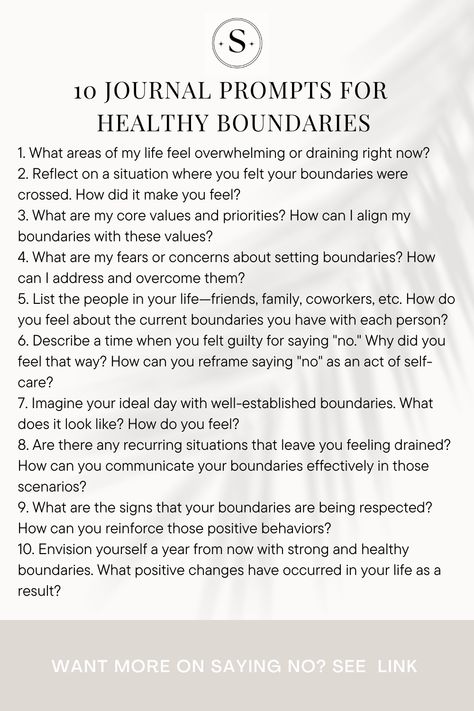 "Empower yourself with these 10 transformative journal prompts for setting healthy boundaries and mastering the art of saying 'no.' 🚀 Uncover insights, release people-pleasing tendencies, and reclaim your time and energy. ✨ Dive even deeper with the 'Art of Saying No' workbook from Simply Self Help. 📖🔒 #HealthyBoundaries #SayingNo #SelfEmpowerment #Workbook #JournalPrompts" Boundaries Prompts, Boundaries With Yourself, Healthy Boundaries Worksheets, Wellbeing Journal, Boundaries Worksheet, Boundary Setting, Journaling Tips, People Pleasing, Journal Templates