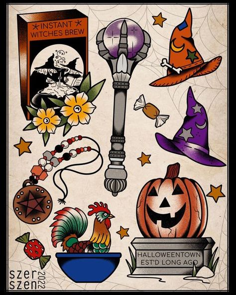 Halloween Town Tattoo Ideas, Halloweentown Tattoo Ideas, Old School Halloween Tattoo, Halloween American Traditional Tattoo, American Traditional Halloween Tattoo, Disney Traditional Tattoo, American Traditional Halloween, Halloweentown Tattoo, Halloween Town Tattoo