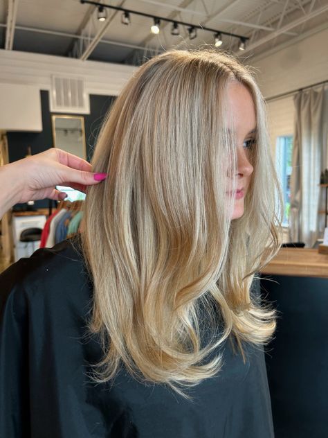 Summer beige blonde!! #summerhairstyle #blondehairinspo #livedinblonde #summerblondeinspo #highlightinspo #nchairstylist Linen Blonde Hair, Long Blonde Hair With Highlights, Single Process Blonde, Salon Reference, Linen Blonde, Blonde 2024, Dark Blonde Balayage, Warm Blonde Hair, Blonde Hair Goals