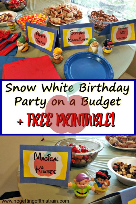 What a cute idea for a Snow White birthday party! Budget friendly food and decoration ideas plus a free printable! www.nogettingoffthistrain.com Snow White Birthday Party Food, Snow White Party Food Ideas, Snow White Movie Night Food, Snow White Food Ideas, Snow White Themed Food, Snow White Party Food, Snow White Decor, Snow White Food, Snowwhite Birthday Party