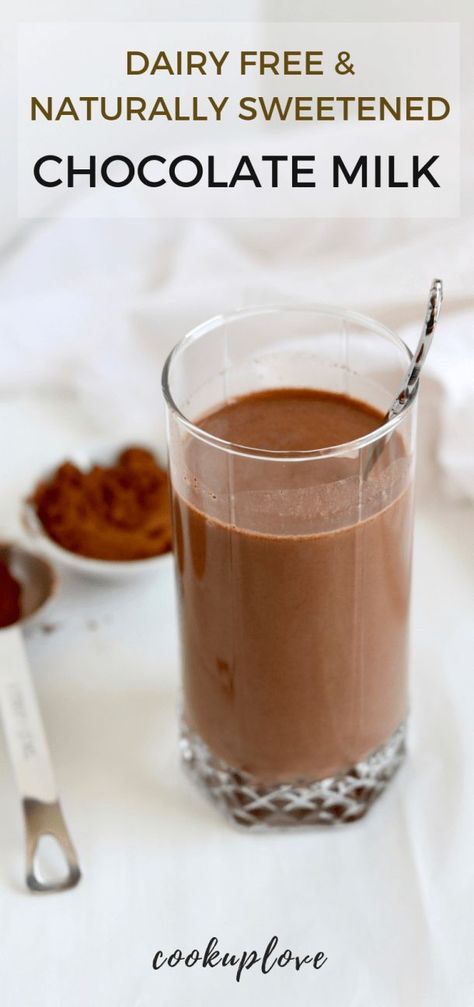 This Dairy Free & Naturally Sweetened Chocolate Milk only has 3 ingredients and takes less than 5 minutes to make! Soo creamy and delicious! Plant based, paleo, clean eating & vegan! • Cook up Love Sugar Free Chocolate Milk, Healthy Chocolate Milk, Chocolate Desserts Fancy, Milk Chocolate Recipes, Paleo Drinks, Clean Eating Vegan, Paleo Gluten Free Recipes, Eating Vegan, Vegan Kids