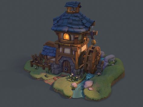 Building Rendering, Cardboard Art Sculpture, Landscape House, Fantasy Town, Cartoon House, Hand Painted Textures, Heroes Of The Storm, Building Concept, Water Mill