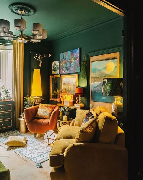 A Layered Home Done in Maximalist Style by Lily Sawyer Interiors Colourful Armchairs, Vintage Maximalist Decor, Fold Towels, Green Wall Color, Glen Coe, Maximalist Style, Yellow Curtains, Black Garden, Victorian Terrace