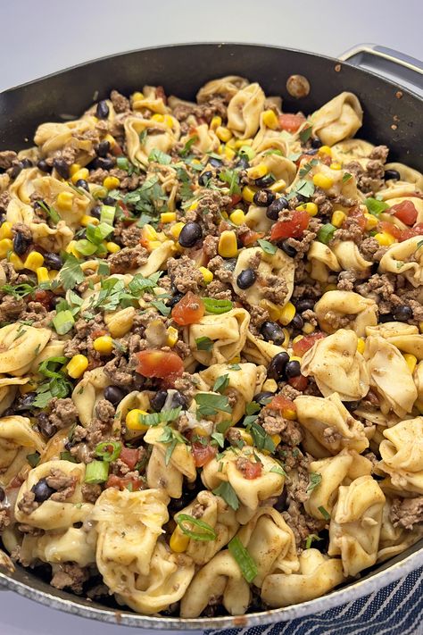 Easy Mexican Skillet with Ground Beef and Tortellini - Finding Time To Fly Beef And Tortellini, Mexican Skillet, Black Beans Corn, Cheese Tacos, Tasty Dinner, Cheese Tortellini, Easy Mexican, Skillet Meals, Green Chilies