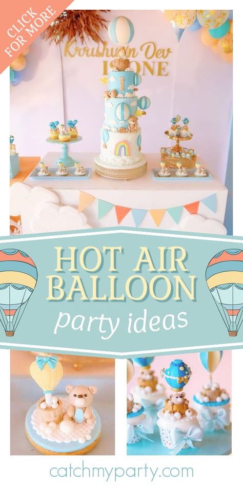 Don't miss this gorgeous hot air balloon birthday party! The birthday cake or blow you away! See more party ideas and share yours at CatchMyParty.com Rainbow Hot Air Balloon Cake, Hot Air Balloon First Birthday Party, Hot Air Balloon Birthday Party Boy, Hot Air Balloon First Birthday Boy, Hot Air Balloon 1st Birthday Party, Hot Air Balloon Birthday Theme, Hot Air Balloon Theme Party, Hot Air Balloon Party Ideas, Balloon Party Ideas