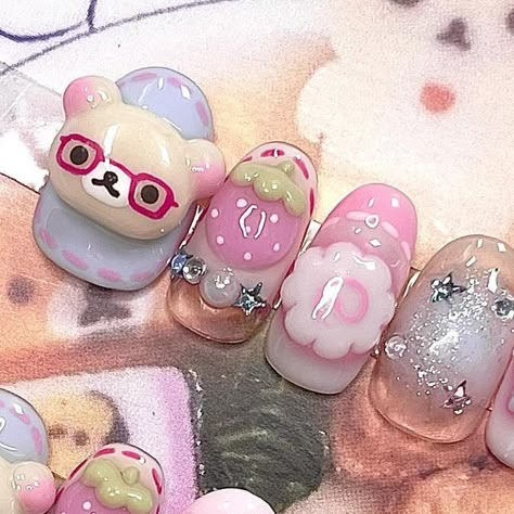 Pastel Kawaii Nails, Rilakkuma Nails, Nails Pink And Blue, Dessert Nails, Aesthetic Nail Design, Cake Nails, Kawaii Nail Art, Pretty Gel Nails, Really Cute Nails