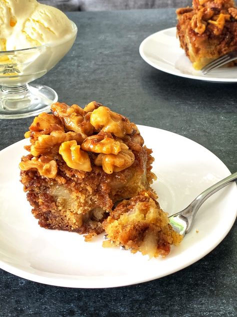 Caramel Pear, Rhubarb and Walnut Cake | Recipes For Food Lovers Including Cooking Tips At Foodlovers.co.nz Rhubarb Pear Recipes, Elvis Burger, Essex Girl, Pear Muffins, Caramel Pears, Rhubarb Cake, Girl Cooking, Walnut Cake, Low Cholesterol