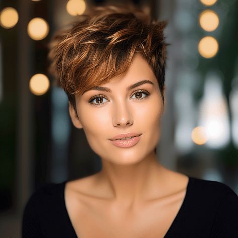 74 Cute Pixie Haircuts Trending for 2023 Pixie Haircut For Brunettes, Short Brunette Hair Pixie, Short Brown Hair With Highlights Pixie, Pixie Haircut With Highlights, Brunette Pixie With Highlights, Brunette Pixie Cut, Haircuts Trending, Brunette Pixie, Pixie Bob Hairstyles