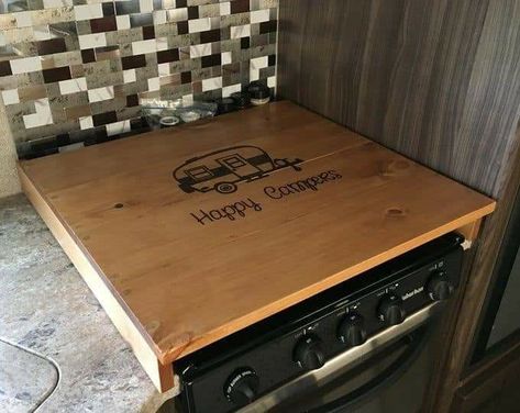 Rv Kitchen Storage Ideas, Diy Stove Cover, Root Seller, Rv Stove Cover, Rv Kitchen Storage, Camper Revamp, Rv Stove, Personalized Wooden Tray, Camper Stove