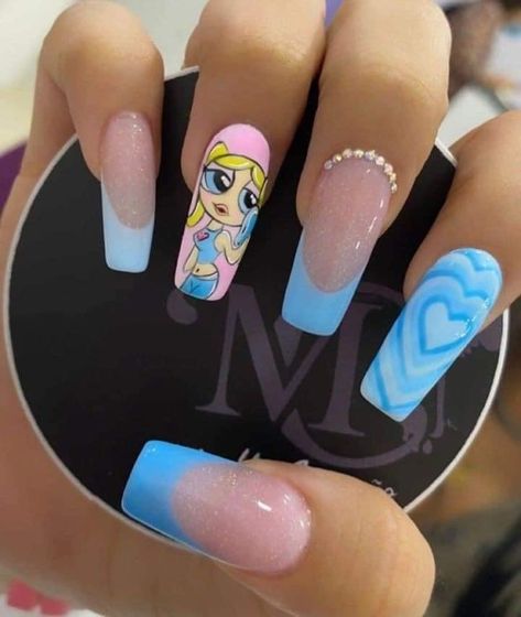 Cartoon Character Nails, Summer Nails Art, Disney Acrylic Nails, Girls Nail Designs, Fake Nails Designs, Halloween Acrylic Nails, Hippie Nails, Punk Nails, Powerpuff Girl