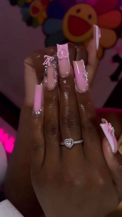 Pink Birthday Nails, Acrylic Nail Designs Coffin, Purple Acrylic Nails, Acrylic Nail Set, Hard Nails, Colored Acrylic Nails, Girly Acrylic Nails, French Tip Acrylic Nails, Short Square Acrylic Nails