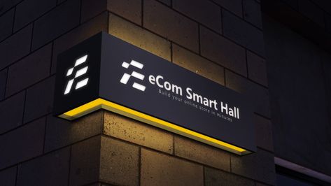 E-com smart hall logo design. by Freelancer Fozlu Signage Board, Brochure Design Creative, Retail Store Interior Design, Shop Facade, Sign Board Design, Acrylic Signage, Exterior Signage, Retail Store Interior, Board Shop