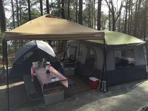 camping site # 23 Whitetail Ridge, Lagrange, Ga.  Spring 2015 Multiple Tent Set Up, Living In A Tent Full Time, Fantasy Tent, Festival Camping Setup, Campsite Setup, Tents Camping Glamping, Camping Setup, Set Up Ideas, Camping Necessities