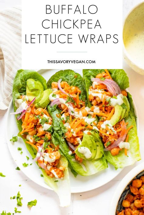 Chickpea Lettuce Wraps, Vegan Lettuce Wraps, Easy Lettuce Wraps, Vegetarian Lettuce Wraps, Buffalo Chickpea, Easy Vegan Lunch, Vegan Wraps, Vegan Ranch, Lettuce Wrap Recipes