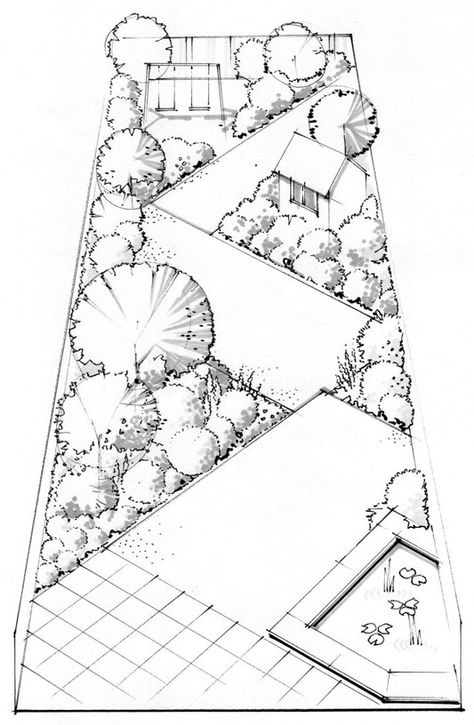 Creative long narrow garden design plan Garden Landscaping Design Ideas, Long Garden, Narrow Garden, Landscape Design Drawings, Landscape Design Plans, Garden Design Layout, Garden Design Plans, Landscape Plans, Garden Plans