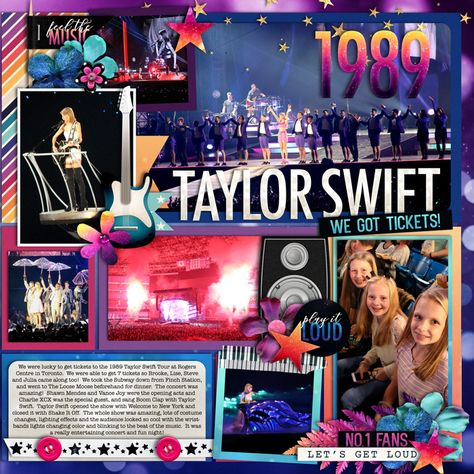 Concert Scrapbook Layouts Ideas, Concert Layouts Scrapbook Pages, Scrapbook Ideas For Concerts, Taylor Swift Scrapbook Page, Concert Scrapbook Layouts, Concert Scrapbook Ideas, Taylor Swift Scrapbook, Concert Scrapbook, Taylor Swift 1989 Tour