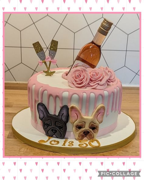 Drip 50th birthday cake with wine bottle and french bulldog toppers Birthday Cake With Wine Bottle, French Bulldog Birthday Cake, Cake With Wine Bottle, Bulldog Birthday Cake, French Bulldog Cake, French Bulldog Birthday, Bulldog Birthday, Bulldog Cake, Brown French