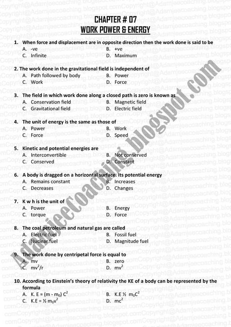 Adamjee Coaching: Physics Karachi Board XI - Work Power and Energy Mcqs Work Energy Power Physics Notes, Class 11 Physics, Work Energy And Power, Notes English, Physics Notes, Study Flashcards, Aptitude Test, Electric Field, Class 11