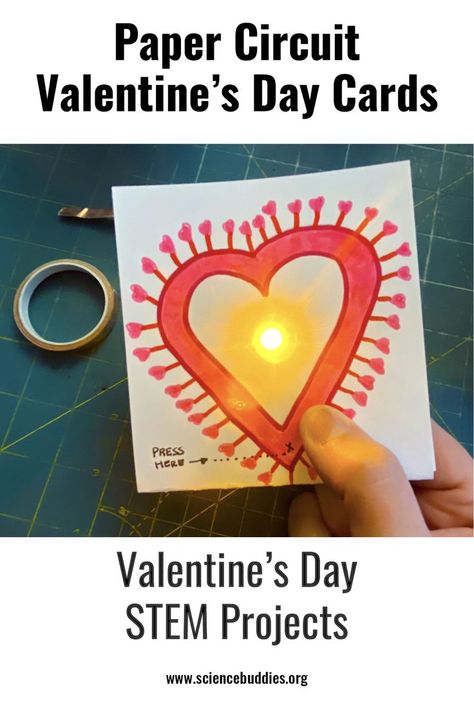 Sample paper circuit valentine with a press here spot to light up an LED Valentine’s Day Stem Challenge, Science Valentines Cards, Stem Valentines, February Stem Activities, Makerspace Classroom, February Stem, Valentine Science, Valentine Stem, Paper Circuit