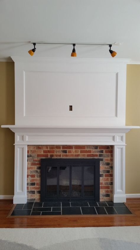 Features removable recessed panels in legs & breastplate for cabling to flat screen Above Fireplace Ideas, Above Fireplace, Tv Over Fireplace, Fireplace Mantel Surrounds, Fireplace Update, Mantel Surround, Custom Fireplace, Living Room Decor Fireplace, Fireplace Remodel