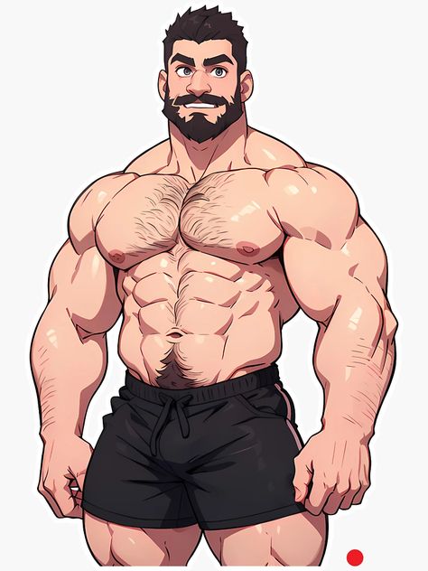 "Muscular Guy in black shorts. Manga style" Sticker for Sale by gymmanga | Redbubble Muscular Man Drawing, Middle Age Man Drawing, Bill Beastars, Cheerful Pose, Anime Muscle, Buff Guy, Muscular Guy, Beard Drawing, Cartoon Men