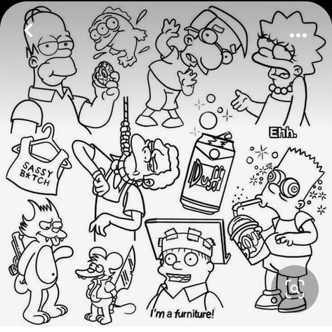 The Simpsons Sketch, Simpsons Drawing Sketch, 90s Cartoon Tattoo Designs, Simpson Drawings, Cartoon Flash Tattoo, Traditional Tarot Cards, Cartoon Tattoo Ideas, Simpsons Tattoo, Simpsons Drawings