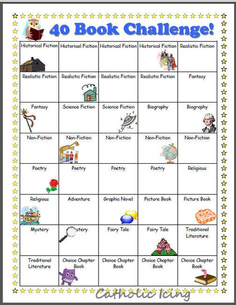 Printable 40 book challenge by genre - free! Reading Contest, 40 Book Challenge, Book Whisperer, 100 Book Challenge, Reading Genres, Reading Incentives, Library Lesson Plans, Summer Reading Challenge, Elementary School Library