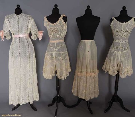 FOUR LINGERIE GARMENTS, 1900-1910 Edwardian Combinations, 1900s Fashion, Dress History, 20th Century Fashion, Gibson Girl, Victorian Clothing, Clothing And Textile, Lingerie Dress, Edwardian Fashion