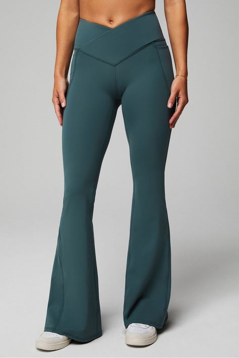 PureLuxe High-Waisted Crossover Flare Fabletics green female Activewear >> Womens >> Bottoms >> Leggings >> Full Length PureLuxe regular Everyday/Lounge/Yoga and Studio 4-Way Stretch/External Pocket/Moisture-Wicking/UPF Protection