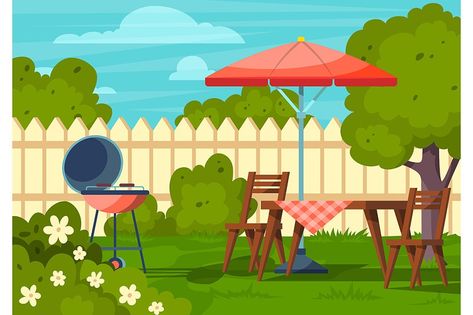 Cartoon Color Garden Picnic Backyard Scene Concept Flat Design Style. Vector illustration of Outdoor Bbq Party  Dear customers, please take note: there's 'Vector' in the item name because the ZIP archive contains an EPS (Illustrator vector format) file. EPS IS THE EDITABLE TEMPLATE you can adjust for your project using vector editing software such as Adobe Illustrator (NOT in Photoshop): you can remove or add text, change colors etc. Umbrella For Patio, Picnic Backyard, Outdoor Bbq Party, Barbecue Garden, Backyard House, Backyard Picnic, Backyard Birthday, Children Sketch, Garden Picnic