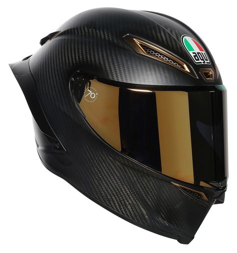 The limited edition AGV Pista GP R Carbon Anniversario Helmet celebrates the 70th Anniversary of AGV. Only 1947 of these beauties are available. Featu… Crash Helmet, Agv Helmets, Motorcycle Helmet Design, Womens Motorcycle Helmets, Motorcycle Riding Gear, Biker Helmets, Custom Motorcycle Helmets, Full Face Motorcycle Helmets, Motorbike Helmet