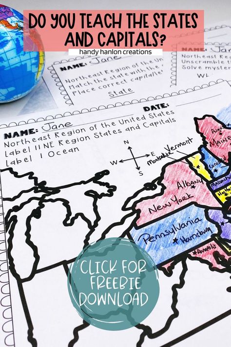 Do you need help engaging your elementary students when teaching the states and capitals? Do your students lose interest with endless worksheets to memorize and locate the United States’ five regions? Freebie included. States Capitals, Us Geography, Geography For Kids, 4th Grade Social Studies, States And Capitals, Teaching Geography, 5th Grade Social Studies, Homeschool Social Studies, Homeschool Geography