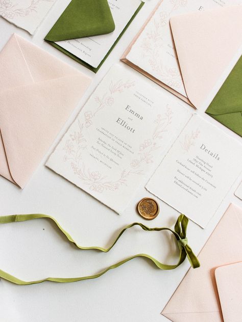 Blush + Green Garden Crest Invitation Suite — Jes Rose Design Crest Invitation, Crest Wedding Invitations, Vellum Wrap, Embellishment Details, Custom Wedding Stationery, Luxury Wedding Invitations, Vintage Postage, Custom Stationery, Wedding Invitation Paper