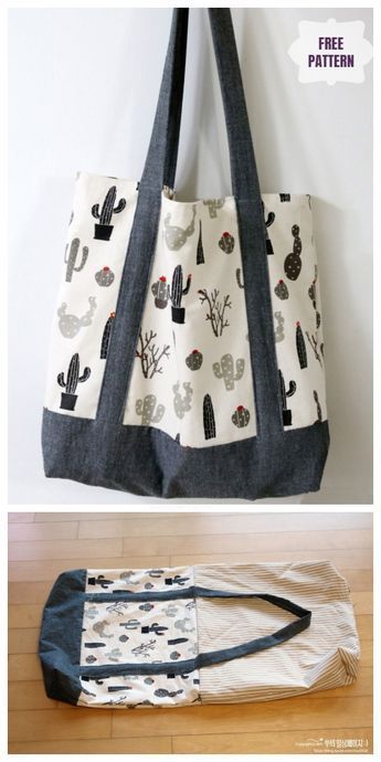 DIY Double-Sided Fabric Eco Shopping Bag Free Sewing Pattern Tote Bag Diy Pattern, Bag Free Sewing Pattern, Återvinna Jeans, Shopping Bag Pattern, Tas Denim, Sewing Tutorials Bags, Desain Tote Bag, Tote Bag Tutorial, Sac Diy