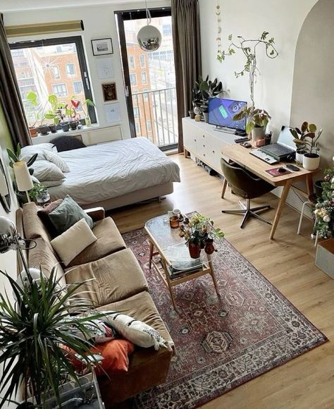 Studio Apartment Ideas Maximalist, Colourful Studio Apartment, Square Studio Apartment Layout, Nyc Studio Apartment Aesthetic, Mid Century Modern Studio Apartment, Micro Studio Apartment Ideas, 500 Sq Ft Studio Apartment Ideas, Maximalist Studio Apartment, Mini Studio Apartment Ideas