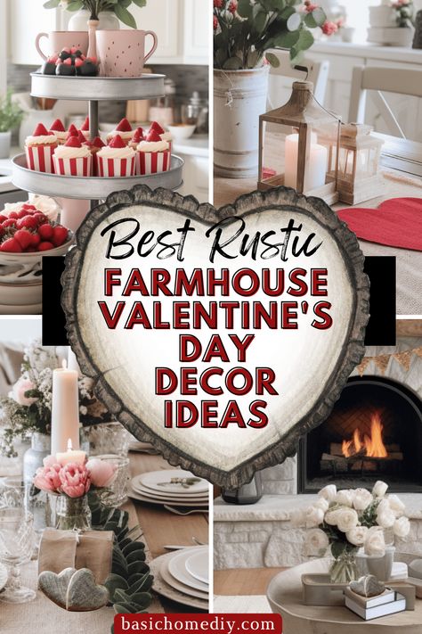 Easy Rustic Farmhouse Valentine's Day Decor Ideas - Basic Home DIY Valentines Decor Farmhouse, Mantle Valentine Decorating Ideas, Valentine Mantle Decorating Ideas, Country Valentine Decor, Dollar Tree Crafts Valentines Home Decor, Valentine Trays Ideas, Valentines Mantle Decor Farmhouse, Kitchen Valentines Day Decor, Valentine Tray Decor