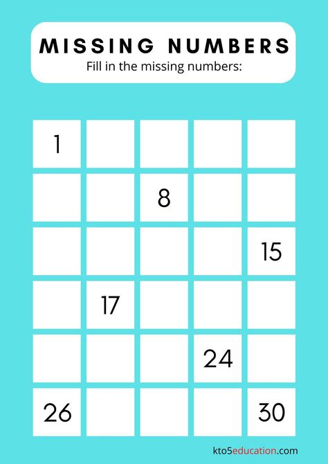 Free Missing Numbers to 30 Worksheet Missing Numbers Worksheet, Basic Math Worksheets, Missing Number Worksheets, Clock Worksheets, Math Division Worksheets, Missing Letters, Numbers Worksheet, Division Worksheets, Math Division