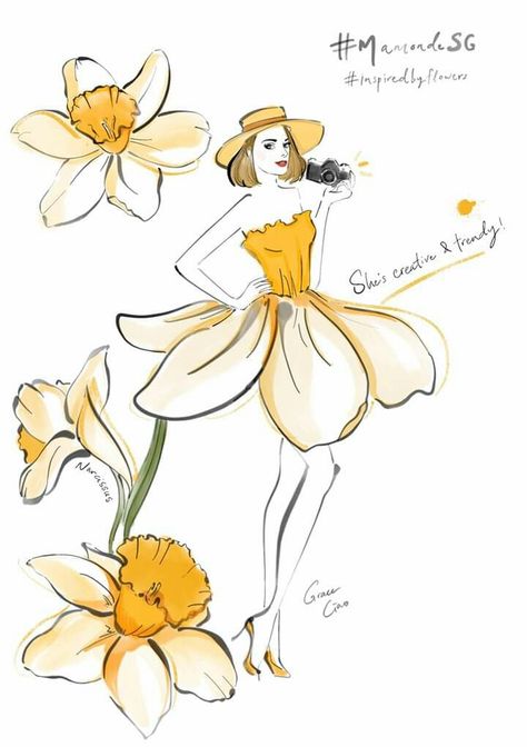 Flower Dresses Drawing, Flower Inspired Dress Drawing, Flower Fashion Illustration, Flower Inspired Dress Illustration, Flower Dress Illustration, Flower Dress Art Drawings, Flower Dress Sketch, Flower Dress Drawing Fashion Design, Flower Dress Design Drawing