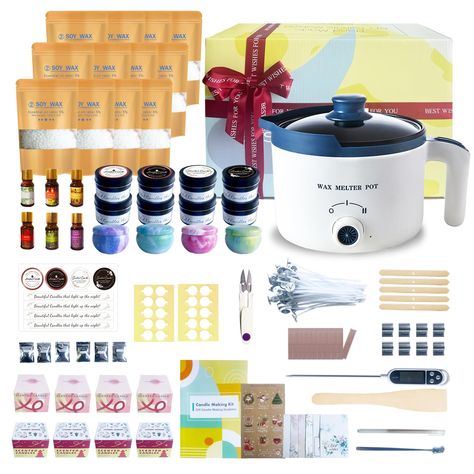 PRICES MAY VARY. Candle Making Wholesale: 1 candle wax melter, 12 bags of soy wax ,6 essential scents, 2 stirring spoon, 1 thermometer, 5 wick center devices, 6 candle dyes, 8 candle jar, 4 color jars, one set of wooden wicks, 20 candle wicks, 20 wick stickers,1 cutter, 4 stickers, a set of christmas tags, 2 color pens, 6 greeting card,1 detailed instructions and exquisite craft gift boxes. various scents are suitable for all kinds of emotions and moods. Wax Kit for Beginner:Our DIY candle maker Diy Candle Wax Melts, Wax For Candle Making, Candle Wax Melter, Candle Making Diy, Candle Making Studio, Unique Candle Scents, Candle Making For Beginners, Wax Candles Diy, Candle Making Wax